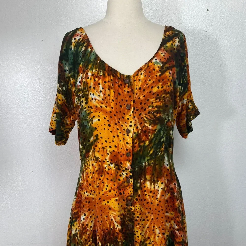 Vintage Womans Midi Dress Medium  Rayon Orange Tie-Dye Boho Peasant Y2K Festival